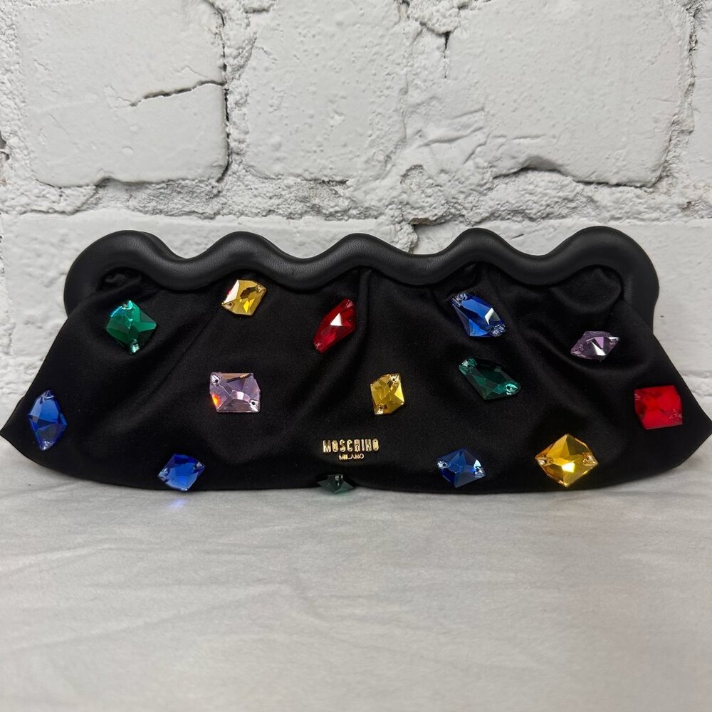 AW23 MOSCHINO Couture Black Long Clutch Shoulder Bag with Multiple Gems